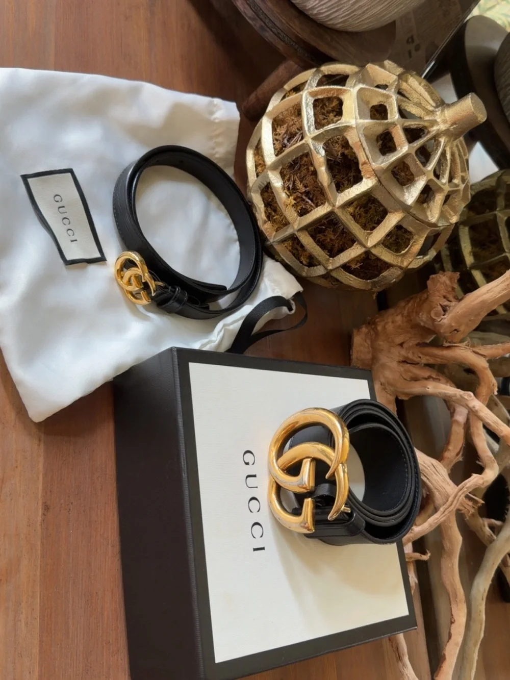 Gucci Black Leather Belt with Antique Gold Double G Buckle